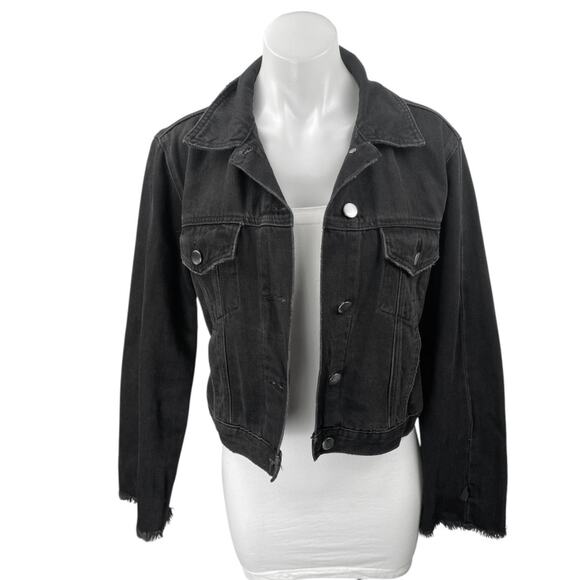 Frame Women's Black Frayed Long Sleeve Button Down Cropped Denim Jacket Size XS - Picture 1 of 3